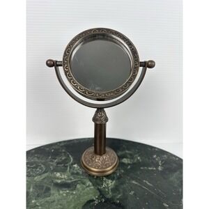 Vintage Brass Swivel Mirror Tabletop Vanity 9.5" Tall Ornate Fleur De Lis Read